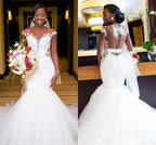 Stunning Cap Sleeve Lace Appliques Mermaid Long Wedding Dress BM bride