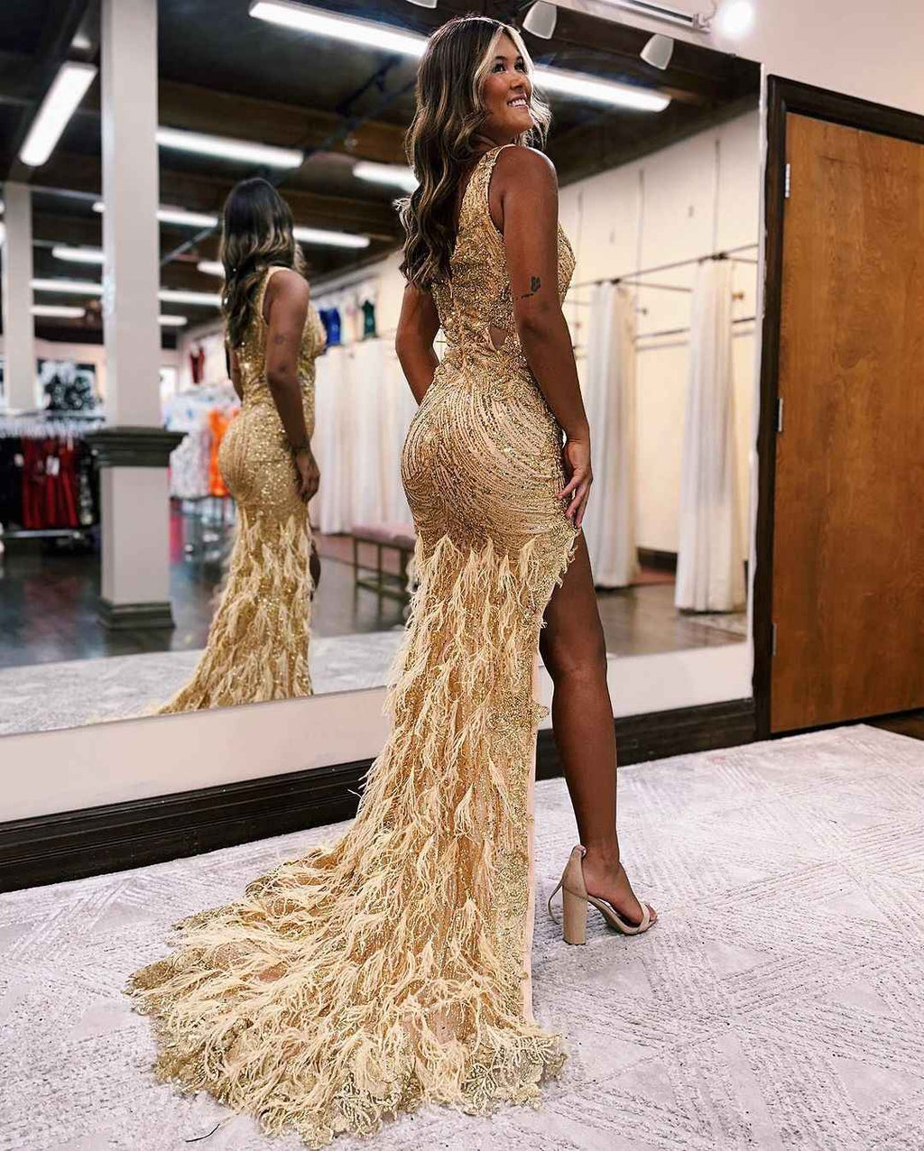Peacock Beaded Sequin High Slit Prom Dress V Neck With Feather
