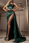 Dark Green Spaghetti Strap Sleeveless Mermaid Prom Dress With High Split