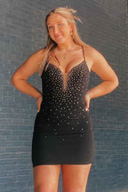 Sparkly Black Beaded Lace-Up Back Tight Short Homecoming Dress