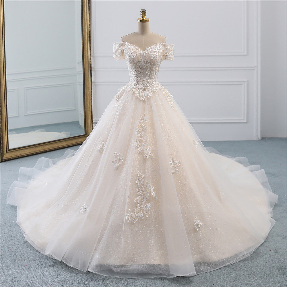 Princess Off-the-Shoulder Tulle Wedding Dress with Lace Appliques BM bride