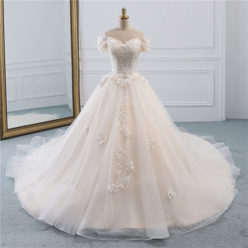 Princess Off-the-Shoulder Tulle Wedding Dress with Lace Appliques BM bride