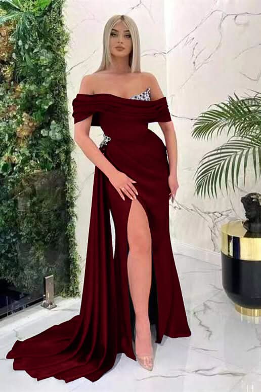 Royal Blue Off-the-Shoulder Mermaid Prom Dress with Ruffles and Split BM bride