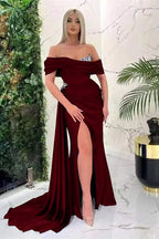 Royal Blue Off-the-Shoulder Mermaid Prom Dress with Ruffles and Split BM bride