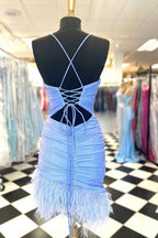 Glitter Fuchsia Feathered Tight Short Homecoming Dress