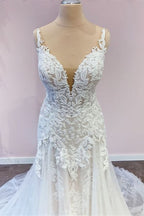 Stunning Spaghetti-Straps A-Line Wedding Dress With Sweetheart Neckline Appliques Lace BM bride