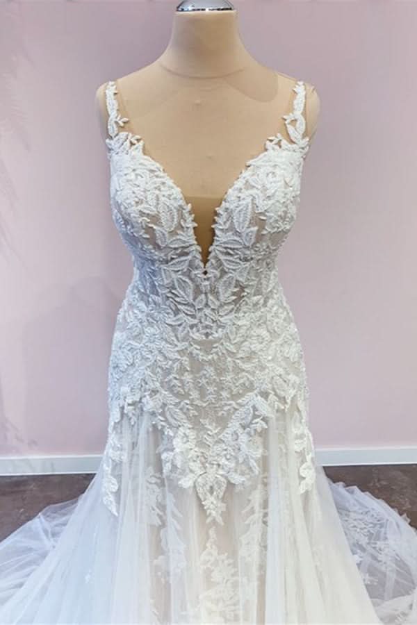 Stunning Spaghetti-Straps A-Line Wedding Dress With Sweetheart Neckline Appliques Lace BM bride