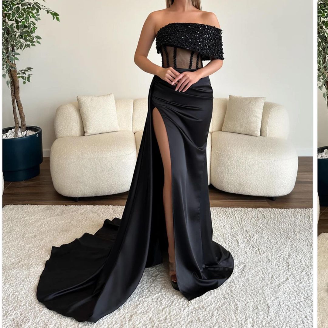 Glamorous Black Strapless Sequin Mermaid Prom Dress BM bride