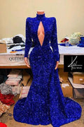 Chic High Neck Long Sleeves Royal Blue Long Mermaid Prom Dress With Sequins