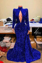 Chic High Neck Long Sleeves Royal Blue Long Mermaid Prom Dress With Sequins