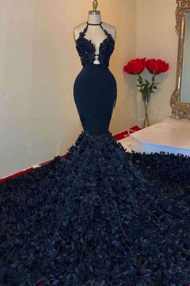 Dark Navy Halter V-Neck Mermaid Prom Dress with Appliques BM bride