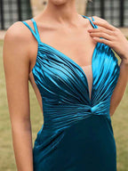Metallic Lace Up Back V-Neck Ruched Mermaid Maxi Dress With Keyhole Cutout Slit