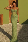 Green Off-the-Shoulder Long Mermaid Prom Dress with Beadings BM bride