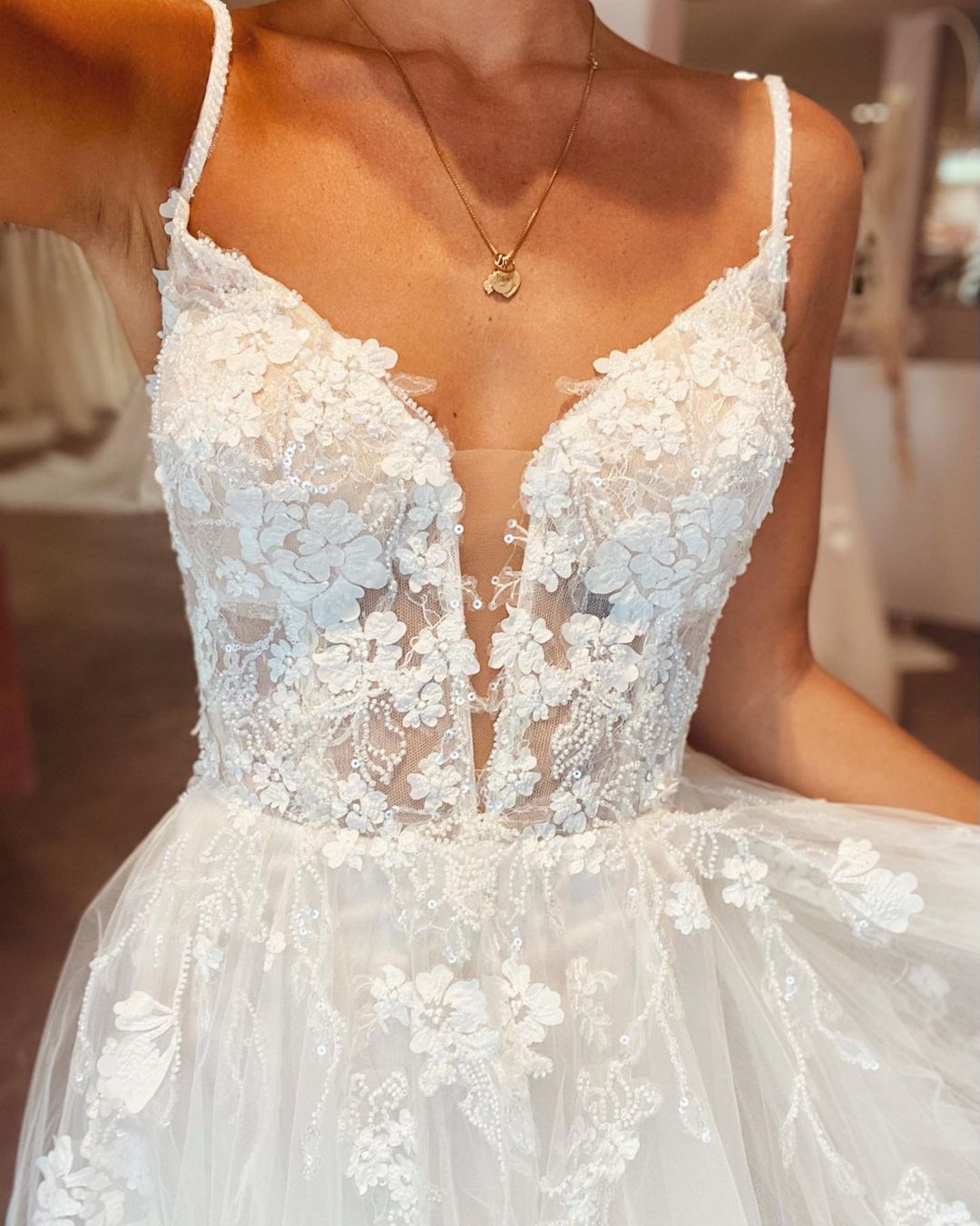 Long A-Line Deep V-Neck Spaghetti Strap Backless Wedding Dress with Lace Tulle BM bride
