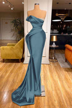 Long Red One Shoulder Strapless Prom Dress Pleated Mermaid With Beadings