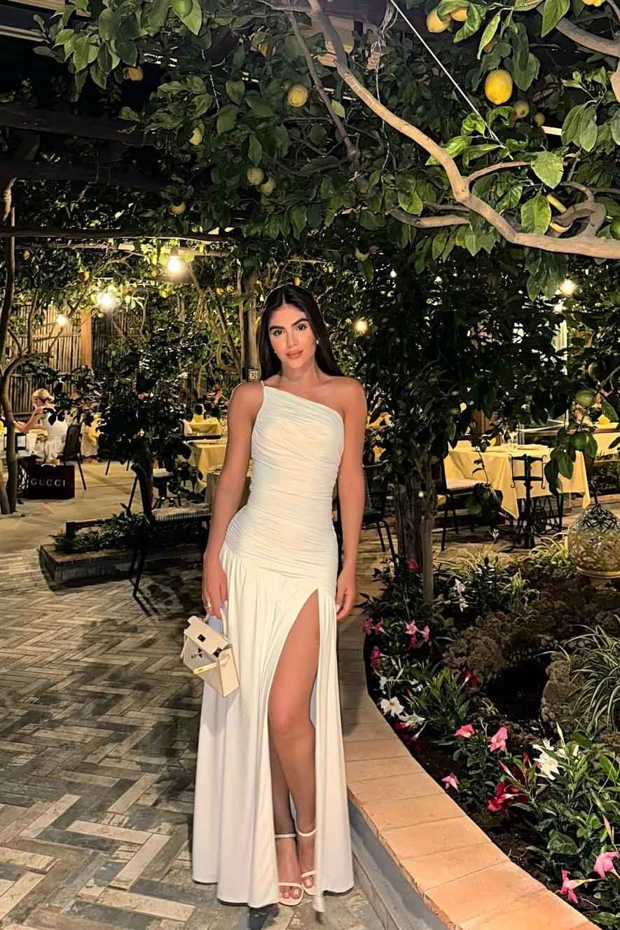 White One Shoulder Sleeveless Pleated Long Prom Dress With Split