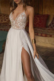 Spaghetti Strap Split Chiffon Lace Wedding Dress BM bride