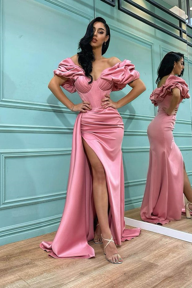 Pink Mermaid Off the Shoulder Sweetheart High Split Prom Dress With Pleated BMBRIDE