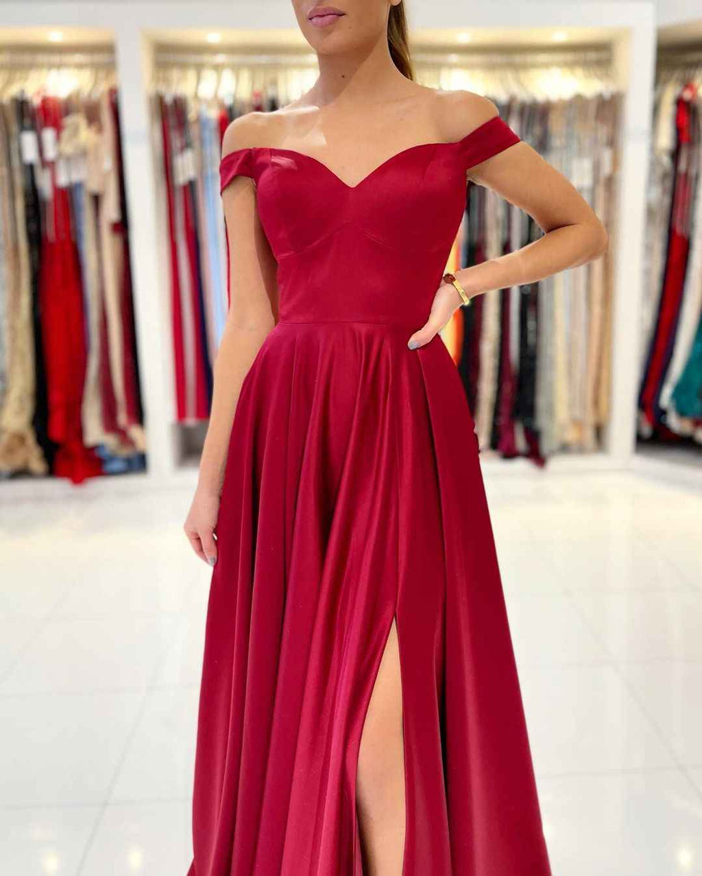 Off the Shoulder Sweetheart Sleeveless A Line Burgundy Prom Dress With Split