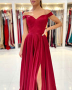 Off the Shoulder Sweetheart Sleeveless A Line Burgundy Prom Dress With Split