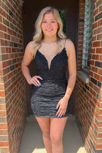 Blue Open Back Spaghetti Straps Appliques Tight Homecoming Dress
