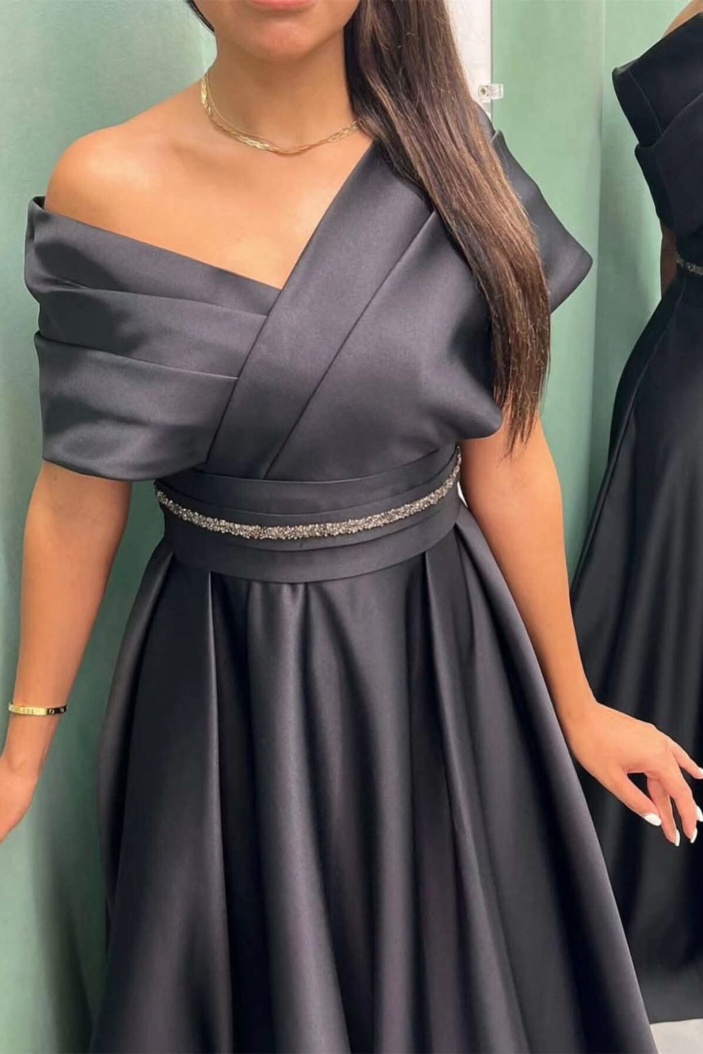 Elegant Off-the-Shoulder Long Evening Dress Pleated and On Sale BM bride