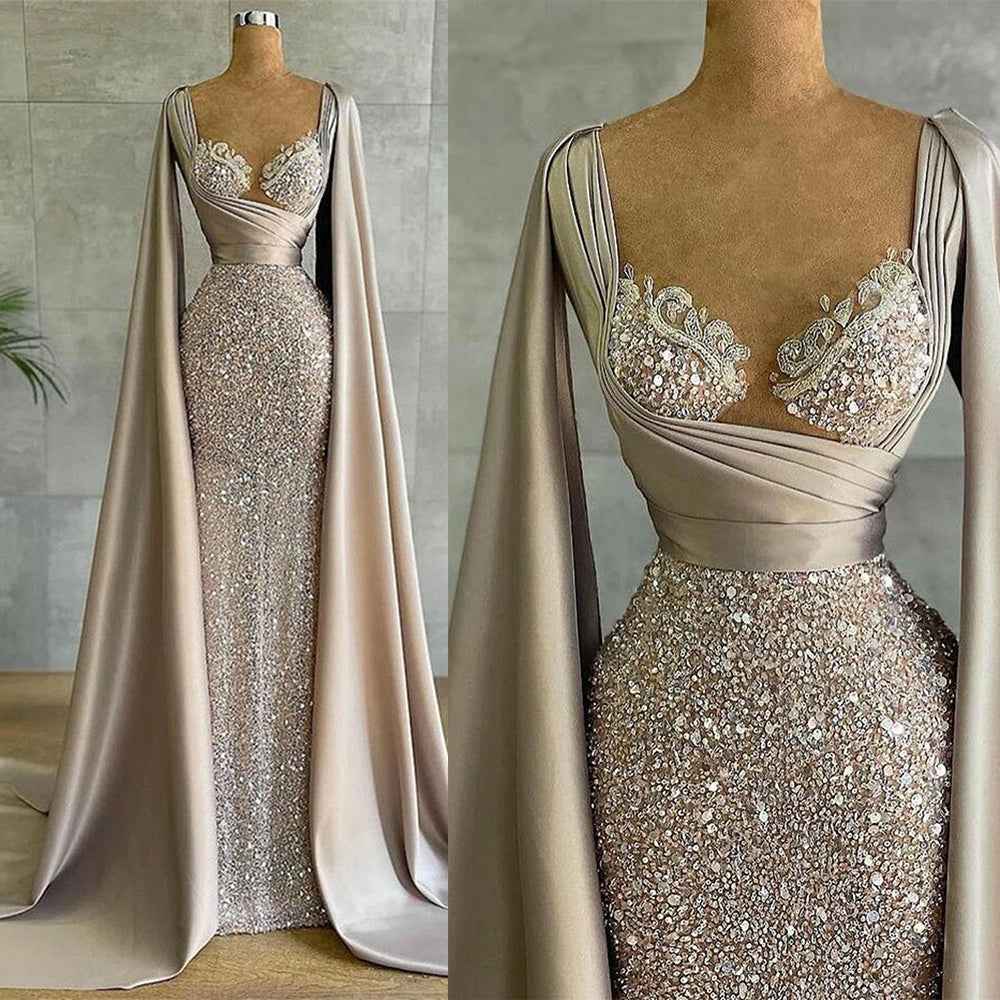 Retro Champagne Bead Embroidery Shawl Pleated Long Prom Dress
