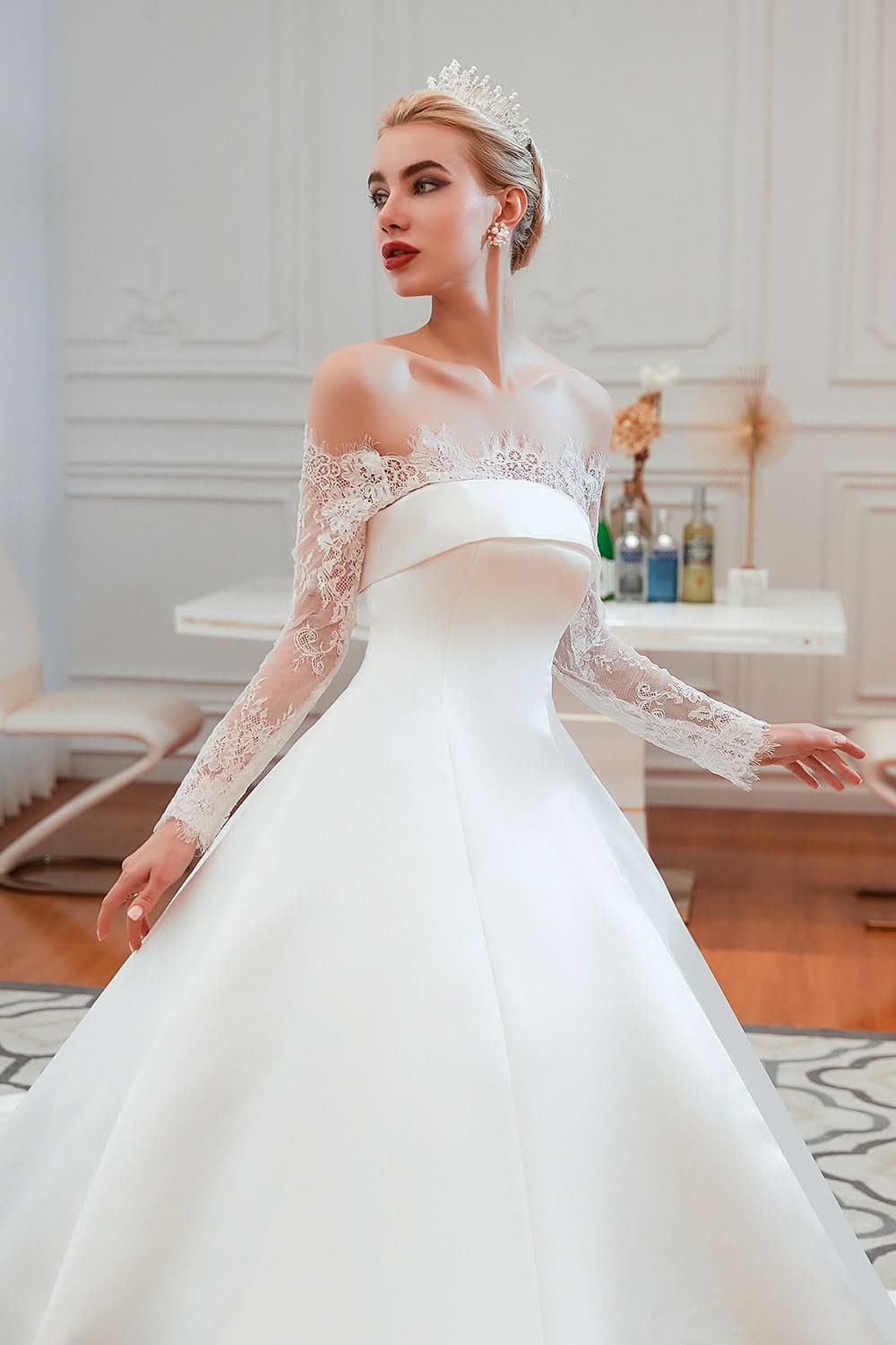Stunning Off-the-Shoulder Long Sleeve A-Line Satin Wedding Dress with Lace BM bride