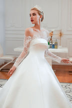 Stunning Off-the-Shoulder Long Sleeve A-Line Satin Wedding Dress with Lace BM bride