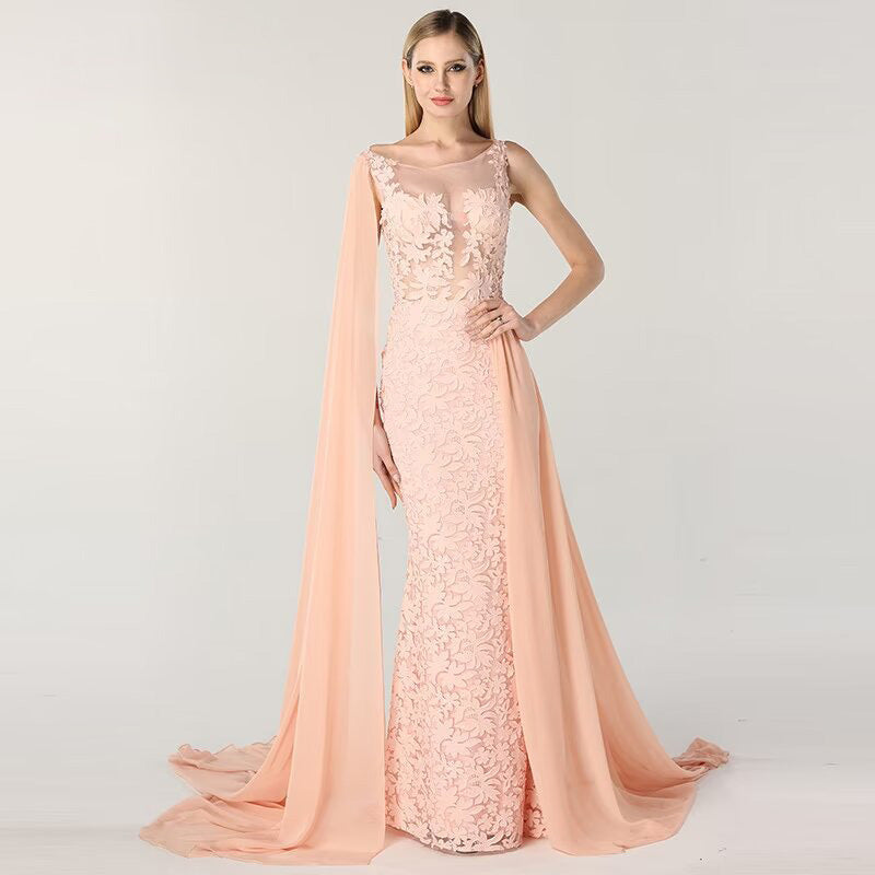 Charming Red Lace Printed A-Line Long Prom Dress with Trail BM bride