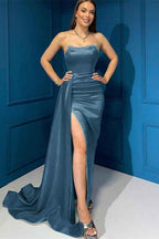 Sleeveless Mermaid Strapless Front Split Pleated Prom Dress With Sequins