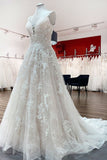 V-Neck Long A-Line Wedding Dress with Ruffles, Open Back, and Tulle Lace BM bride