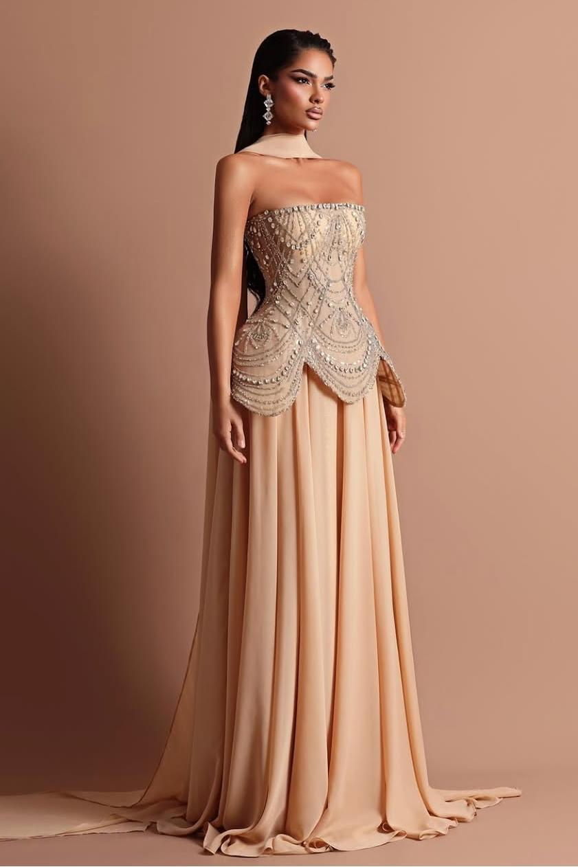 Strapless Sleeveless Long Prom Dress With Beading Pleated Wrap