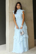 Chic Chiffon High Neck Sleeveless Long Prom Dress With Ruffles