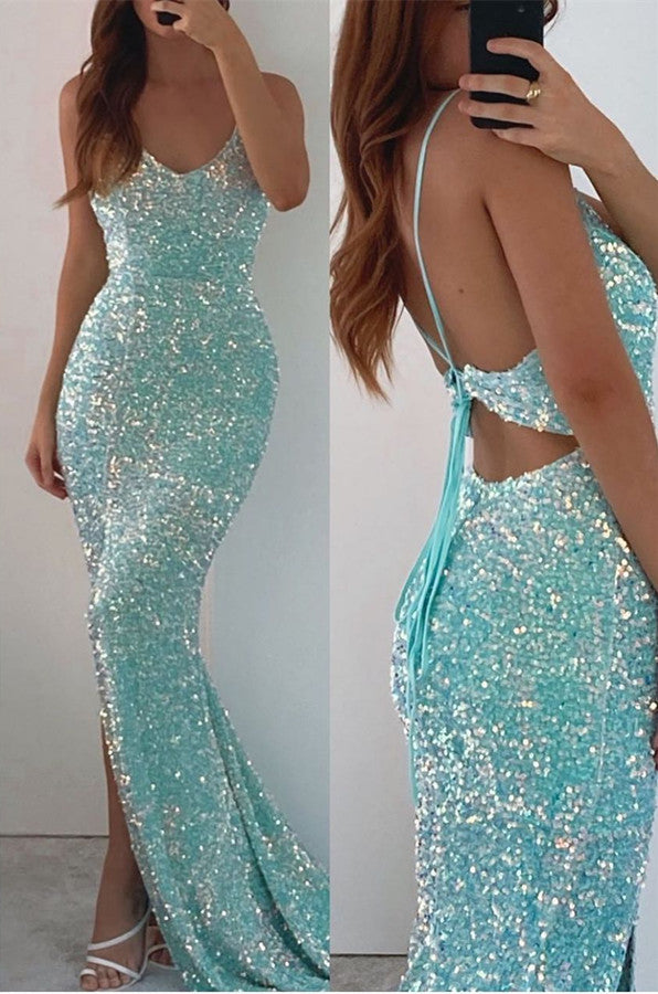 Spaghetti-Straps V-Neck Long Mermaid Prom Dress with Split and Sequins BM bride