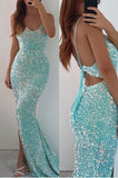 Spaghetti-Straps V-Neck Long Mermaid Prom Dress with Split and Sequins BM bride