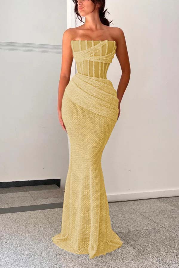 Shining Strapless Sleeveless Mermaid Long Prom Dress With Pleated BMBRIDE