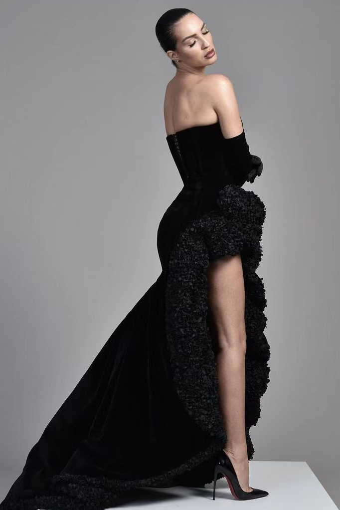 Black Samt Half Sleeves Off-the-Shoulder Evening Dress with High Slit BM bride