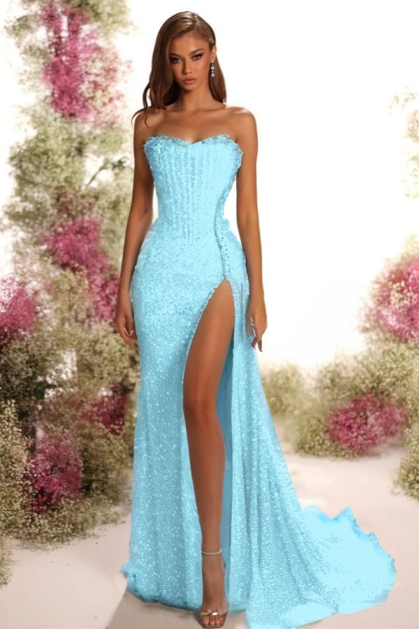 Strapless Sleeveless Long Split Prom Dress With Pleated Sequins BMBRIDE