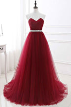 Burgundy Sweetheart Sleeveless Beadings Elegant Prom Dress Long With Belt