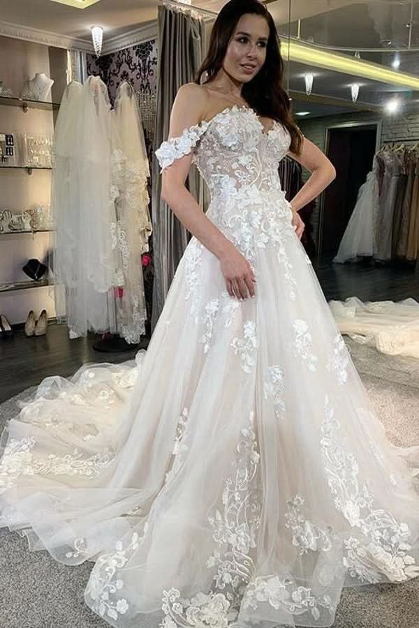 A-Line Deep V-neck Backless Wedding Dress Long Sleeves Pearl With Appliques Lace BM bride