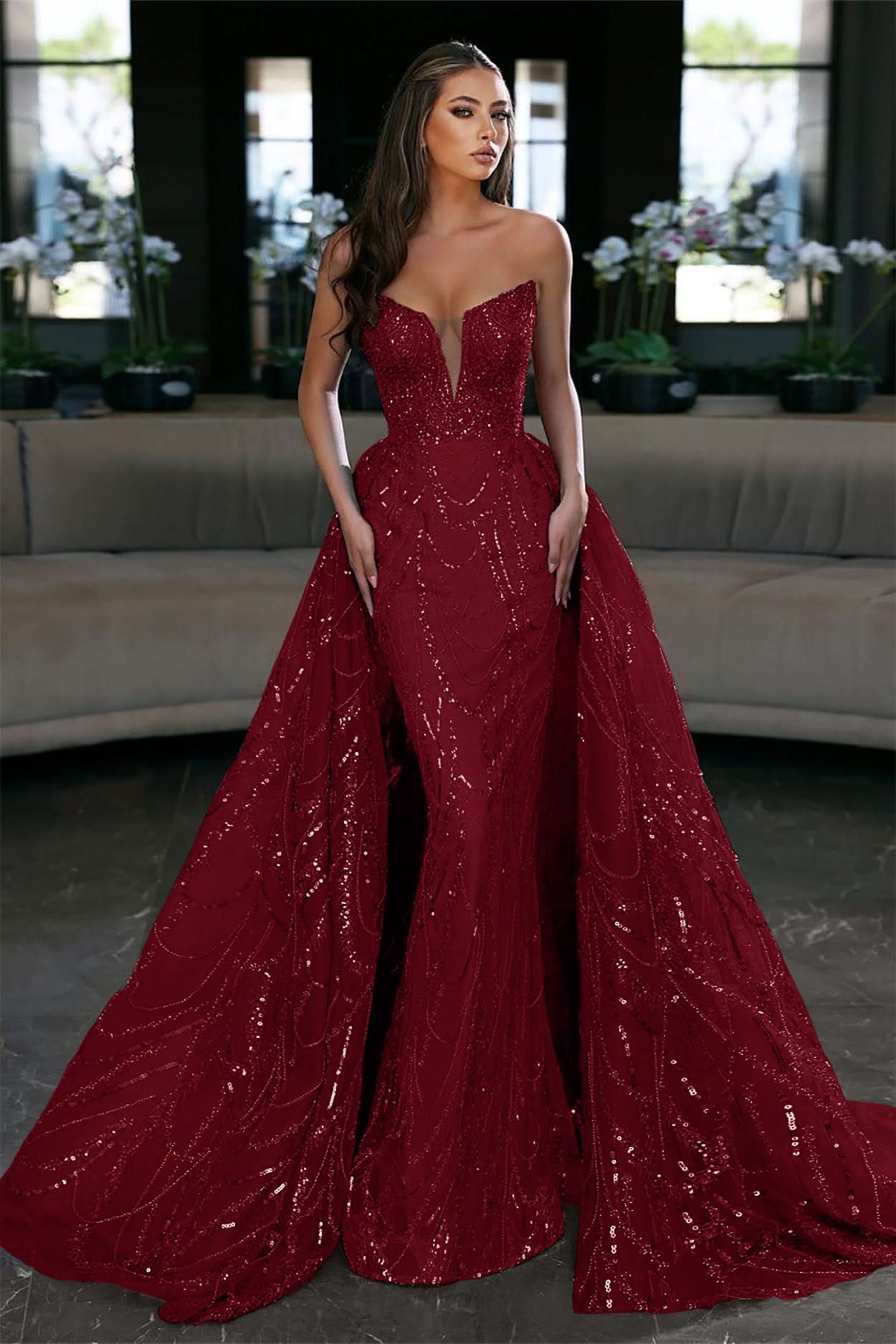Glamorous Royal Blue Sleeveless Strapless Long Evening Dress Prom Dress with Sequins BM bride