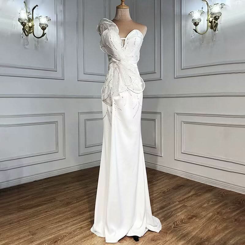 Elegant White Long Prom Dress with High Split Sequin Applique Mermaid Style BM bride