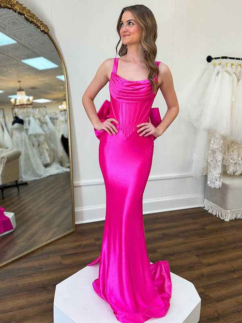 Fuchsia Mermaid Spaghetti Square Neck Sweep Train Prom Dress with Bow BMBRIDE