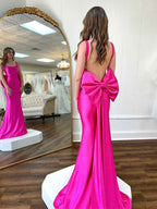 Fuchsia Mermaid Spaghetti Square Neck Sweep Train Prom Dress with Bow
