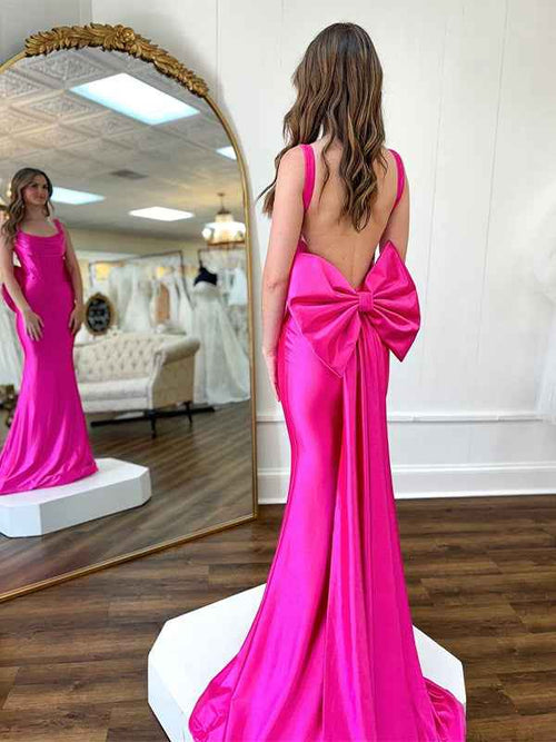 Fuchsia Mermaid Spaghetti Square Neck Sweep Train Prom Dress with Bow BMBRIDE