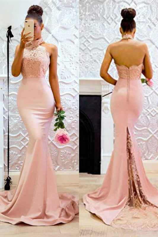 Hot High Neck Sleeveless Backless Lace Prom Dress Mermaid With Appliques