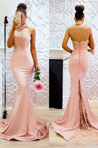 Hot High Neck Sleeveless Backless Lace Prom Dress Mermaid With Appliques