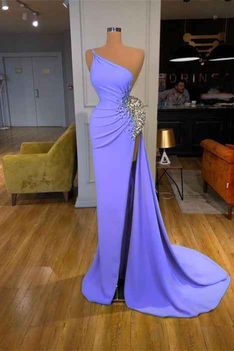 Spaghetti strap Sequins One Shoulder Beadings Mermaid Prom Dress With Split
