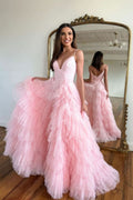 Pink Sleeveless Spaghetti Strap Tulle Mermaid Prom Dress BM bride